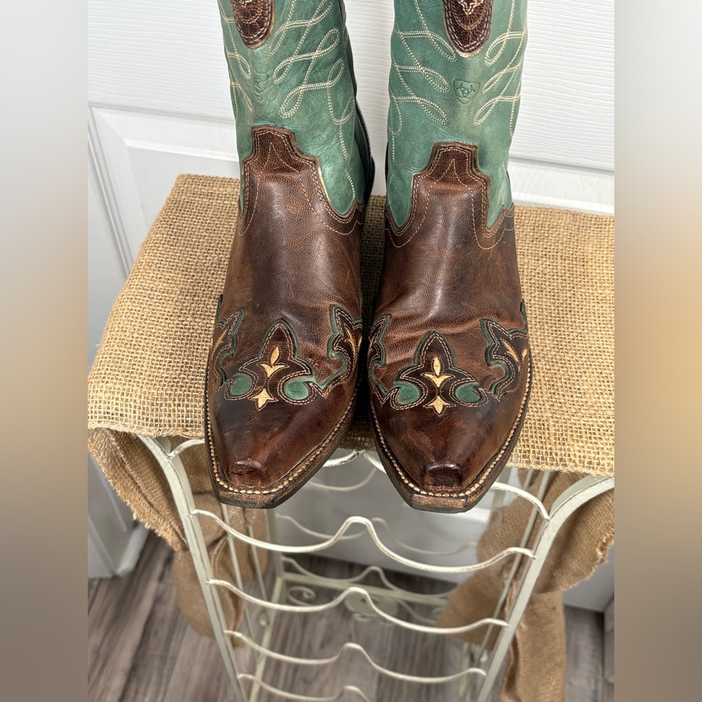 Ariat Brown and Teal Western Heeled Cowboy Boots - Picture 7 of 13